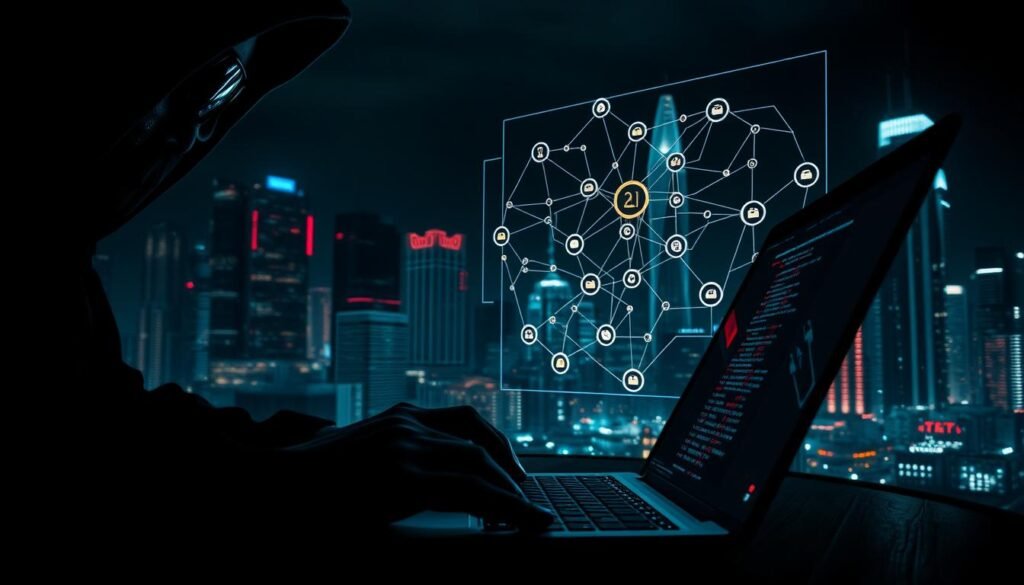 A high-contrast cyberpunk-style scene depicting a penetration testing exercise. In the foreground, a hacker's hands operate a laptop, lines of code reflecting in their focused gaze. In the middle ground, a network diagram hologram hovers, various access points and vulnerabilities highlighted. In the background, a cityscape of towering neon-lit skyscrapers, casting an ominous glow. Dramatic chiaroscuro lighting, emphasizing shadows and sharp edges. A sense of intensity and technical precision, as the pen-tester methodically probes and exploits the target system. A high-contrast cyberpunk-style scene depicting a penetration testing exercise. In the foreground, a hacker's hands operate a laptop, lines of code reflecting in their focused gaze. In the middle ground, a network diagram hologram hovers, various access points and vulnerabilities highlighted. In the background, a cityscape of towering neon-lit skyscrapers, casting an ominous glow. Dramatic chiaroscuro lighting, emphasizing shadows and sharp edges. A sense of intensity and technical precision, as the pen-tester methodically probes and exploits the target system.