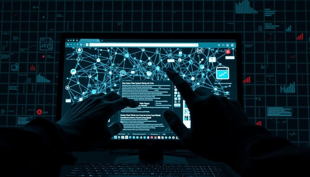 A high-contrast cybersecurity scene depicting a computer screen with a complex web of interconnected nodes, representing the intricate nature of clickjacking attacks. In the foreground, a hacker's hand carefully manipulates browser elements, obscuring the true functionality of the webpage. The middle ground showcases various security tools and diagnostics, hinting at the methods used to detect and analyze such threats. The background features a minimalist, grid-like backdrop, evoking the digital landscape where these attacks occur. Dramatic lighting casts sharp shadows, heightening the sense of tension and the need for vigilance. The overall tone conveys the gravity of the situation and the importance of proactive measures to safeguard against clickjacking.