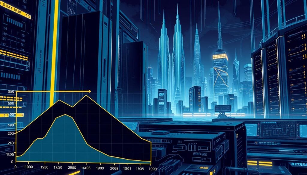 A high-contrast, digital illustration depicting the fundamental principles of database indexing performance. In the foreground, a stylized graph or chart showcasing the relationship between data volume and query response times. The middle ground features abstract geometric shapes and architectural elements, representing the underlying data structures and algorithms that drive index optimization. In the background, a futuristic cityscape with towering server racks and glowing data centers, evoking the scale and complexity of modern data infrastructure. The overall composition should convey a sense of technical sophistication, efficiency, and the importance of optimizing database performance.