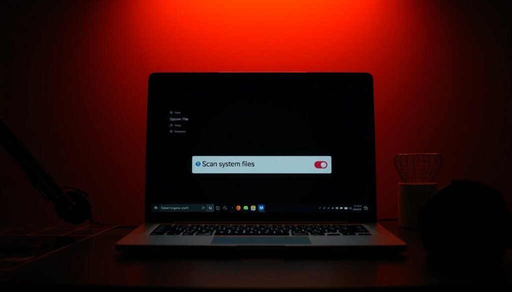 A high-contrast image of a laptop screen displaying a system file explorer window, with the "Scan system files" option prominently highlighted. The laptop is positioned on a dark, minimalist desk, illuminated by a soft, directional light source, casting subtle shadows and highlighting the details of the screen. The overall tone is focused and technical, conveying a sense of troubleshooting and problem-solving. The composition emphasizes the screen, drawing the viewer's attention to the critical task at hand.