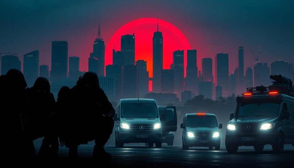 A high-contrast scene depicting a clandestine "red team" operation. In the foreground, a group of shadowy figures in tactical gear crouch low, their faces obscured by dark visors. Behind them, a cityscape of towering skyscrapers bathed in an ominous crimson glow, as if illuminated by the embers of a distant fire. In the middle ground, sleek black vans and armored personnel carriers are parked, their headlights cutting through the gathering twilight. The overall atmosphere is one of tension and covert action, reflecting the high-stakes world of web application hacking and security assessments.