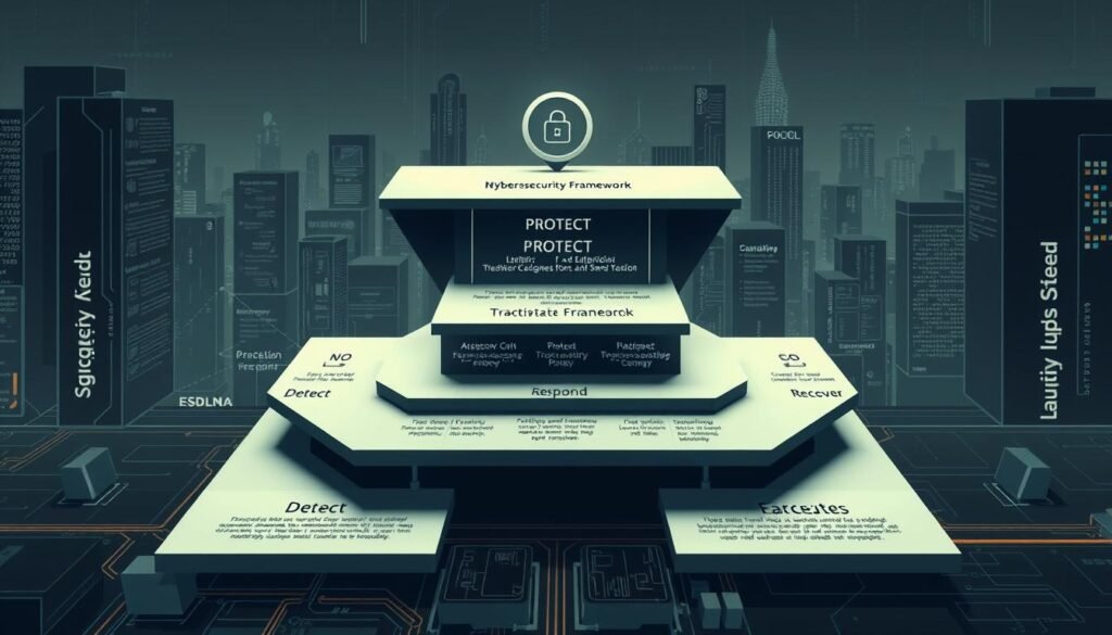 A high-contrast, technical illustration of the NIST Cybersecurity Framework, depicted as a multi-layered, architectural diagram. The foreground features the core framework components - Identify, Protect, Detect, Respond, Recover - rendered in a clean, geometric style with subtle 3D depth. The middle ground showcases detailed sub-components and linkages, while the background provides a sense of depth with a futuristic, gridded cityscape. The overall scene conveys a serious, authoritative tone with muted colors, crisp lines, and strategic lighting to highlight the framework's structure and interconnectivity - reflecting the importance of a comprehensive, framework-driven security strategy for the modern web landscape. A high-contrast, technical illustration of the NIST Cybersecurity Framework, depicted as a multi-layered, architectural diagram. The foreground features the core framework components - Identify, Protect, Detect, Respond, Recover - rendered in a clean, geometric style with subtle 3D depth. The middle ground showcases detailed sub-components and linkages, while the background provides a sense of depth with a futuristic, gridded cityscape. The overall scene conveys a serious, authoritative tone with muted colors, crisp lines, and strategic lighting to highlight the framework's structure and interconnectivity - reflecting the importance of a comprehensive, framework-driven security strategy for the modern web landscape.