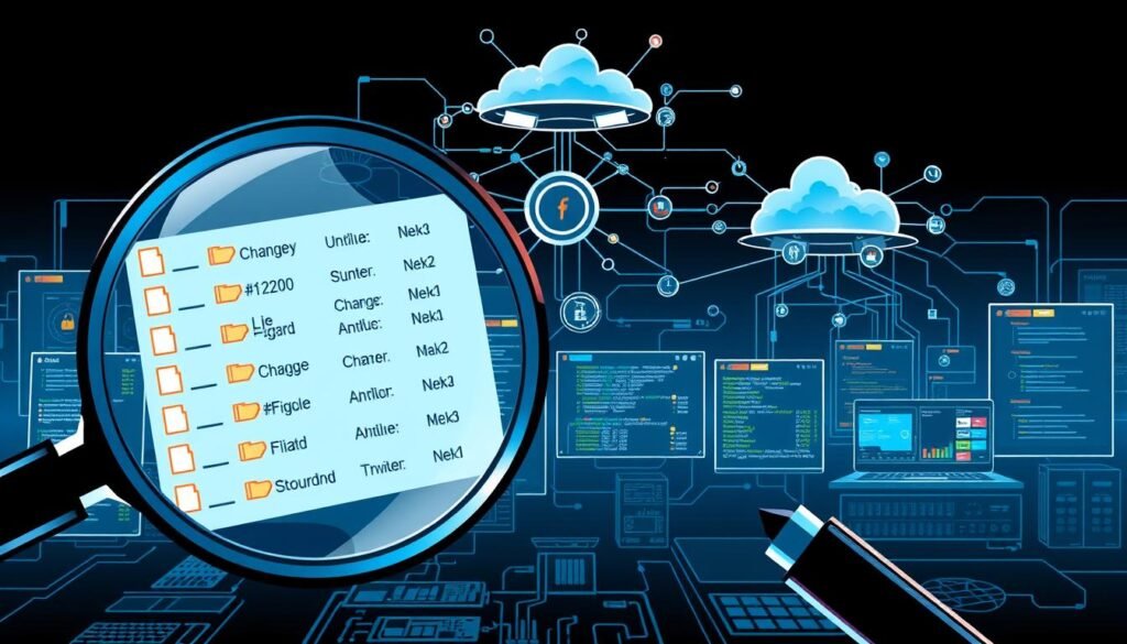 A high-contrast, technical illustration showcasing the core components of file integrity monitoring. In the foreground, a magnifying glass examines a file directory, highlighting changes and anomalies. The middle ground depicts an array of security monitoring tools and dashboards, their interfaces displaying alerts and visualizations. In the background, a complex network topology with servers, workstations, and cloud infrastructure elements conveys the scope of the system under protection. The lighting is cool and clinical, with sharp shadows emphasizing the precision and importance of the task at hand. The overall mood is one of vigilance, attention to detail, and the pivotal role of file integrity monitoring in safeguarding digital assets.