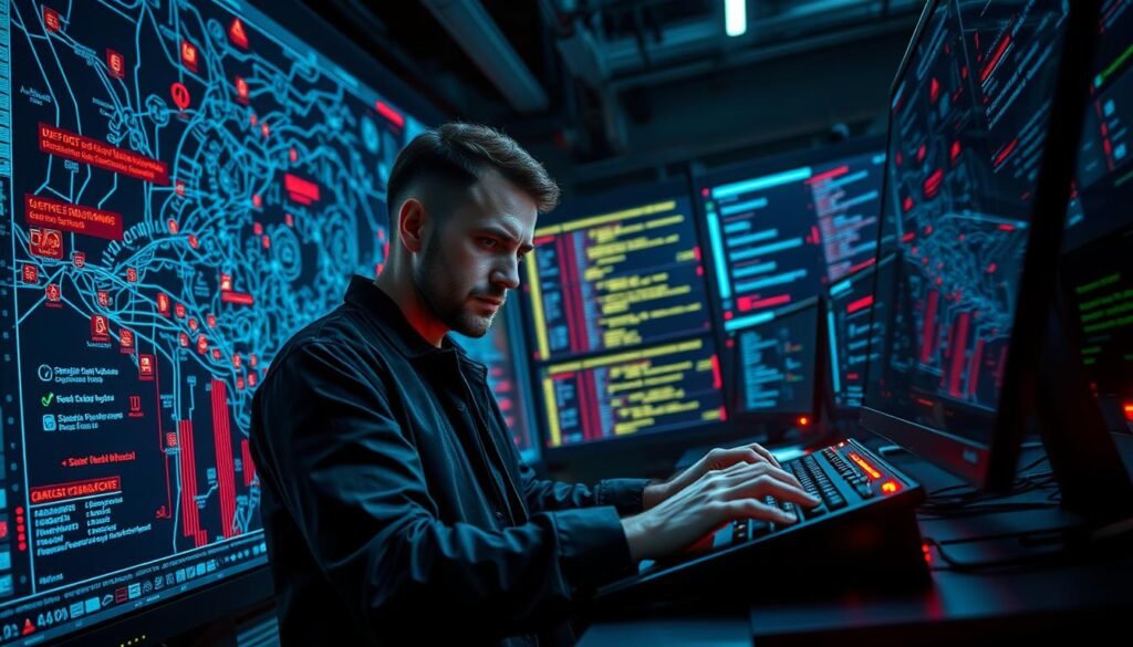 A high-intensity cybersecurity scene: in the foreground, a massive supercomputer screen displays a complex network map, with red warning icons flashing across the data streams. Ominous lines of code cascade down the display, hinting at a malicious incursion. In the middle ground, a lone analyst, brow furrowed in concentration, types furiously on a sleek, futuristic keyboard, battle-worn yet determined. Behind them, a wall of monitors shows a real-time feed of threat data, visualized in a kaleidoscope of vivid colors and shapes. The lighting is cool and clinical, punctuated by the flickering glow of the displays. The atmosphere is tense, the stakes high - this is the front line of the war against malware, where every second counts. A high-intensity cybersecurity scene: in the foreground, a massive supercomputer screen displays a complex network map, with red warning icons flashing across the data streams. Ominous lines of code cascade down the display, hinting at a malicious incursion. In the middle ground, a lone analyst, brow furrowed in concentration, types furiously on a sleek, futuristic keyboard, battle-worn yet determined. Behind them, a wall of monitors shows a real-time feed of threat data, visualized in a kaleidoscope of vivid colors and shapes. The lighting is cool and clinical, punctuated by the flickering glow of the displays. The atmosphere is tense, the stakes high - this is the front line of the war against malware, where every second counts.