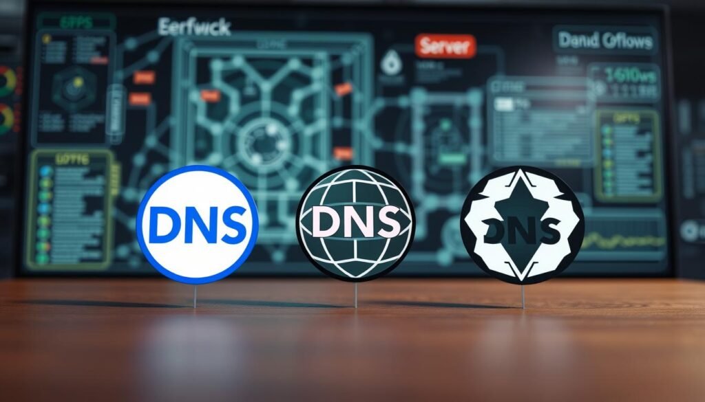 A high-resolution close-up image of three different DNS server logos arranged side-by-side on a minimalist desk setup. The logos are prominently displayed against a blurred background of network diagrams and digital infrastructure. The scene is evenly lit from the front, creating clear, shadow-free details. The overall mood is professional and informative, conveying a sense of technical expertise and reliable internet connectivity.