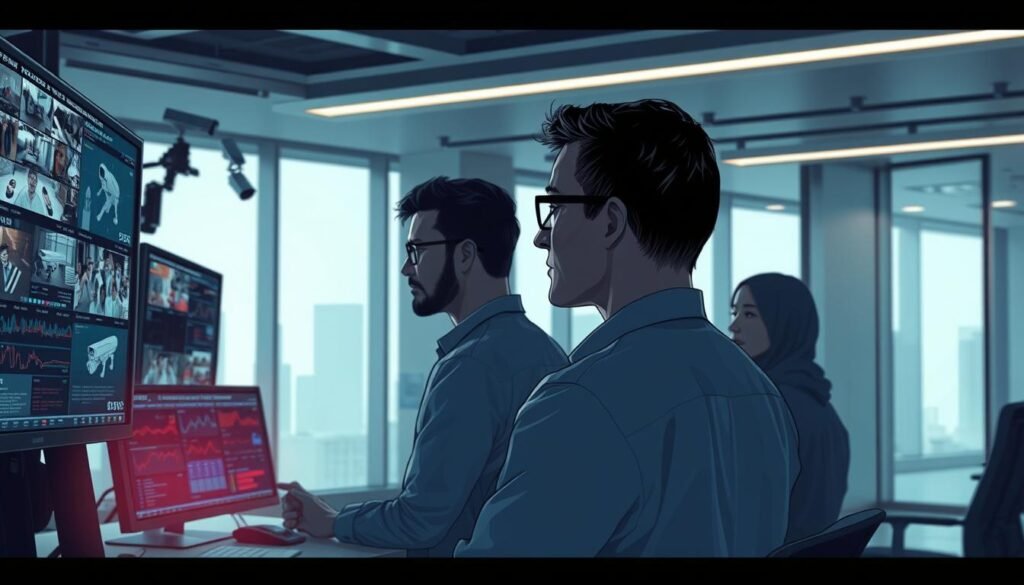 A high-resolution, highly detailed digital illustration of a "security snapshot" in a corporate office setting. The foreground depicts a security monitoring station with multiple screens displaying live footage from various security cameras, as well as analytical data and security alerts. The middle ground features a team of security professionals intently analyzing the information on the screens, their faces lit by the soft glow of the monitors. The background showcases a modern, minimalist office interior with clean lines, large windows, and subtle lighting, conveying a sense of professionalism and high-tech sophistication. The overall mood is one of vigilance, control, and the critical importance of cybersecurity in the modern business landscape.