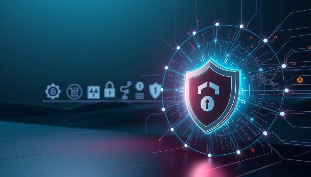 A high-resolution image of a digital shield in the foreground, surrounded by a glowing aura of protective energy. In the middle ground, various security icons and symbols representing antivirus software, firewalls, and encryption. The background is a minimalist, tech-inspired landscape with clean lines, gradients, and subtle patterns suggestive of a secure digital environment. The lighting is soft and diffused, creating a sense of depth and dimension. The overall mood is one of reliability, safety, and confidence in the digital protection measures in place.