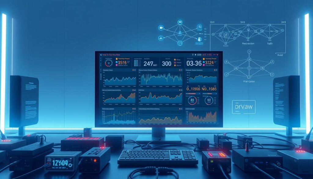 A high-resolution image of a real-time network monitoring dashboard, featuring a large central display showing a comprehensive view of network traffic and performance metrics. The dashboard is set against a sleek, minimalist backdrop, with a clean color palette of blues and grays. In the foreground, various network monitoring tools and sensors are depicted, including network sniffers, packet analyzers, and flow collectors. The middle ground showcases detailed graphs and charts displaying network utilization, bandwidth consumption, and anomaly detection. In the background, a network topology diagram provides context, highlighting interconnected devices and data flows. The overall scene conveys a sense of technological sophistication and the importance of proactive network monitoring in the modern digital landscape.