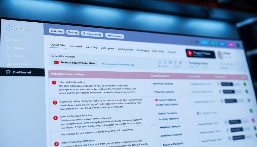 A high-resolution image of an "alerts tab" interface, featuring a clean and intuitive dashboard layout. The foreground displays a prominent alerts panel with detailed information about potential security vulnerabilities, including severity levels, descriptions, and recommended actions. The middle ground showcases customizable filtering and sorting options, allowing the user to prioritize and address the most critical issues. The background depicts a neutral, yet professional color scheme with subtle gradients, conveying a sense of focus and productivity. Lighting is soft and diffused, creating a clear and legible display. The camera angle is slightly angled, providing an ergonomic and user-friendly perspective. The overall mood is one of productivity, efficiency, and confidence in addressing security concerns. A high-resolution image of an "alerts tab" interface, featuring a clean and intuitive dashboard layout. The foreground displays a prominent alerts panel with detailed information about potential security vulnerabilities, including severity levels, descriptions, and recommended actions. The middle ground showcases customizable filtering and sorting options, allowing the user to prioritize and address the most critical issues. The background depicts a neutral, yet professional color scheme with subtle gradients, conveying a sense of focus and productivity. Lighting is soft and diffused, creating a clear and legible display. The camera angle is slightly angled, providing an ergonomic and user-friendly perspective. The overall mood is one of productivity, efficiency, and confidence in addressing security concerns.