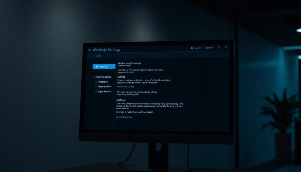 A high-resolution image of the Windows security settings panel, showcased in a dimly lit office environment. The panel occupies the central focus, illuminated by the soft glow of the computer monitor. The background features a subtle, textured wall, hinting at a professional, corporate setting. The lighting is balanced, creating depth and emphasizing the details of the settings interface. The overall mood is one of seriousness and attention to cybersecurity, conveying the importance of proper system hardening and malware prevention.