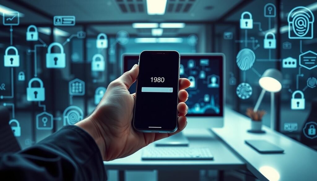 A high-resolution, photorealistic illustration of two-factor authentication in action. Set in a sleek, modern office environment, the foreground depicts a person's hand holding a mobile device, the screen displaying a numeric code. The middle ground shows a computer monitor with a login screen, emphasizing the interaction between the mobile device and desktop application. In the background, an array of security icons, such as padlocks and fingerprints, convey the importance of robust authentication. Lighting is bright and clean, with a subtle depth of field to draw the viewer's attention to the central authentication process. The overall mood is one of digital security, technological sophistication, and the critical role of two-factor authentication in safeguarding sensitive information.