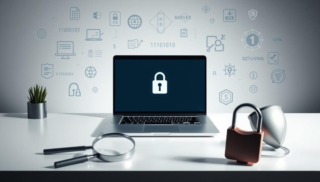 A high-resolution, photorealistic image of a sleek, silver laptop computer on a minimalist, white desktop surrounded by various cybersecurity icons and symbols. The laptop's screen displays a web browser window with a padlock icon, representing a hardened, secure browsing experience. The foreground features a magnifying glass, a lock, and a shield, while the background has binary code, firewall diagrams, and VPN symbols. The lighting is soft and natural, creating a serene, professional atmosphere. The overall composition emphasizes the concept of a secure, privacy-focused browsing environment.