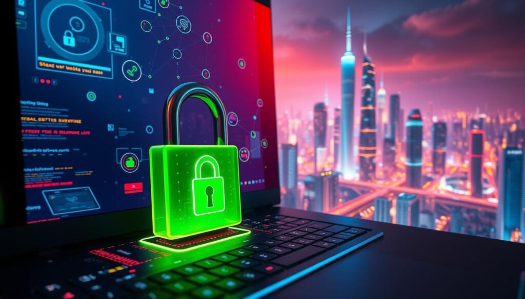 A high-resolution, wide-angle photograph of a computer desktop showing a detailed 3D model of a secure subdomain. The foreground features a glowing green padlock, symbolizing a remediated subdomain, surrounded by floating data nodes and protocol diagrams. The middle ground showcases a digital cityscape of interconnected websites and servers, hinting at the broader web infrastructure. The background depicts a futuristic skyline with sleek skyscrapers and a vibrant, neon-lit atmosphere, conveying a sense of technological advancement and cybersecurity. The lighting is dramatic, with a mix of cool blues and warm oranges, creating a visually striking and technically sophisticated scene. A high-resolution, wide-angle photograph of a computer desktop showing a detailed 3D model of a secure subdomain. The foreground features a glowing green padlock, symbolizing a remediated subdomain, surrounded by floating data nodes and protocol diagrams. The middle ground showcases a digital cityscape of interconnected websites and servers, hinting at the broader web infrastructure. The background depicts a futuristic skyline with sleek skyscrapers and a vibrant, neon-lit atmosphere, conveying a sense of technological advancement and cybersecurity. The lighting is dramatic, with a mix of cool blues and warm oranges, creating a visually striking and technically sophisticated scene.