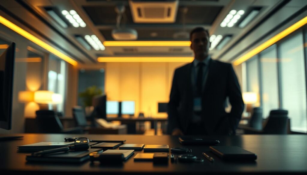 A high-security corporate office, dimly lit with warm ambient lighting. In the foreground, a desk showcases an array of enterprise-grade security credentials - secure ID cards, biometric scanners, and access tokens. The middle ground features sleek, minimalist office equipment, hinting at the professional environment. The background is blurred, but suggests a modern, sophisticated interior design with clean lines and subtle textures. The overall atmosphere conveys a sense of authority, control, and attention to detail - essential elements for protecting sensitive organizational assets. A high-security corporate office, dimly lit with warm ambient lighting. In the foreground, a desk showcases an array of enterprise-grade security credentials - secure ID cards, biometric scanners, and access tokens. The middle ground features sleek, minimalist office equipment, hinting at the professional environment. The background is blurred, but suggests a modern, sophisticated interior design with clean lines and subtle textures. The overall atmosphere conveys a sense of authority, control, and attention to detail - essential elements for protecting sensitive organizational assets.