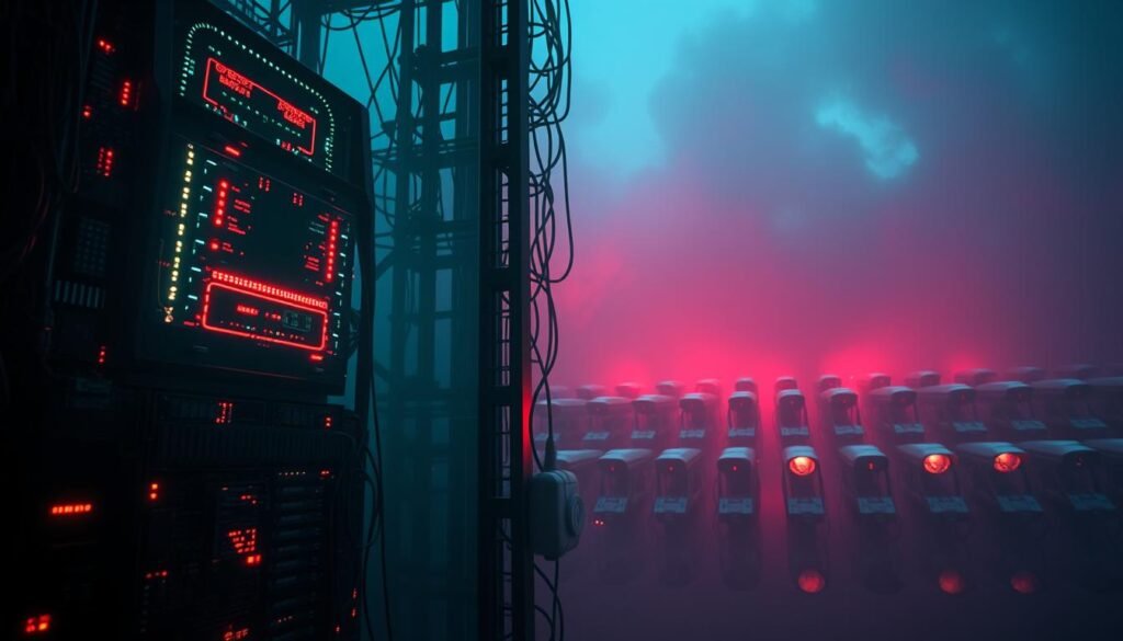 A high-security digital fortress against online threats, bathed in an ominous glow. In the foreground, a towering firewall, its intricate circuitry pulsing with protective energy. In the middle ground, rows of vigilant security cameras, their glaring lenses scanning for any signs of intrusion. The background shrouded in an eerie, neon-tinged haze, conveying the ever-present danger of cybercrime. Dramatic lighting casts dramatic shadows, emphasizing the weight and importance of online security. A sense of uncompromising protection, with the viewer left with a palpable feeling of the urgency and necessity of safeguarding one's digital assets.
