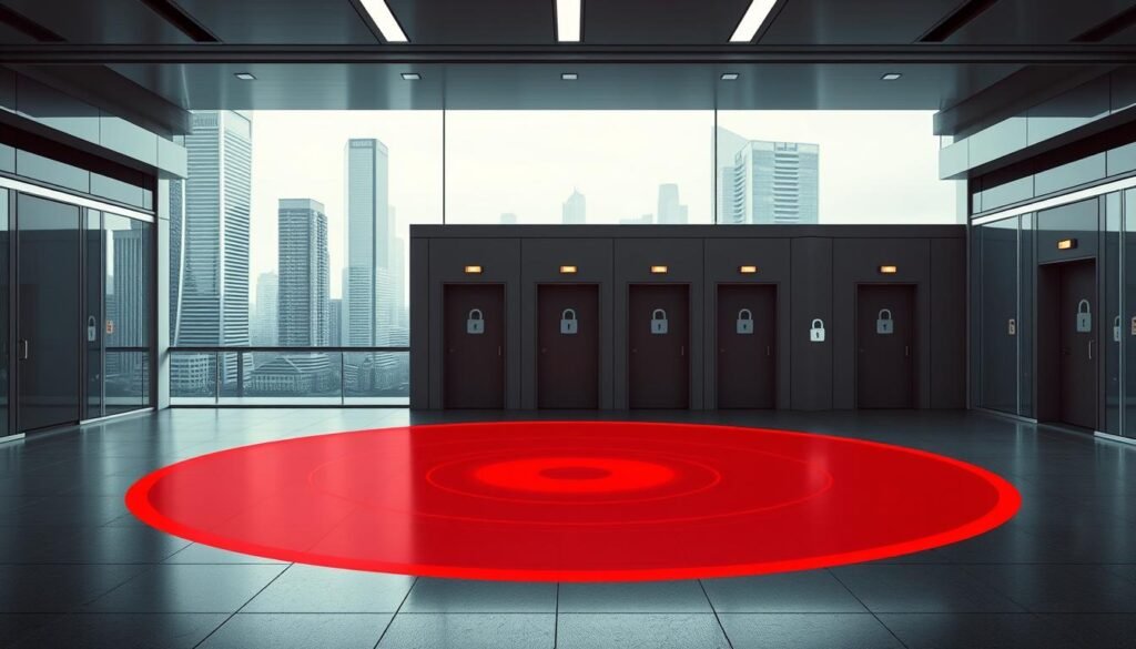 A high-security facility with a sleek, minimalist design. In the foreground, a large, red blast radius outline signifies the area of potential impact. In the middle, a series of doors and access points are prominently featured, each with a lock icon, representing the principle of least privilege. The background showcases a cityscape with towering skyscrapers, conveying the idea of a secure, controlled environment within a complex urban landscape. The lighting is crisp and directional, casting dramatic shadows that emphasize the architectural elements. The overall tone is one of precision, control, and a measured approach to security.