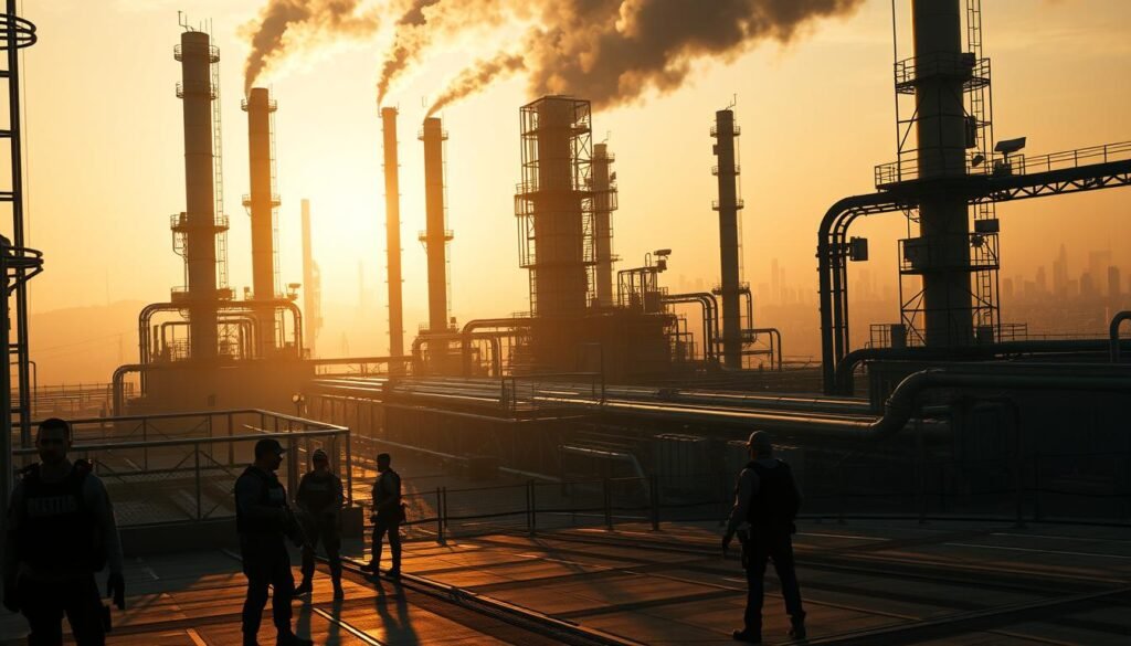 A high-security industrial complex with imposing steel structures, towering smokestacks, and a maze of pipelines. The scene is lit by a warm, golden glow from the setting sun, casting long shadows across the ground. In the foreground, a team of security guards in tactical gear patrol the perimeter, vigilantly monitoring the facility. The middle ground features advanced surveillance systems, including CCTV cameras and motion sensors, all connected to a central control room. The background is a hazy cityscape, hinting at the strategic importance of this critical infrastructure. The overall atmosphere conveys a sense of strength, protection, and technological sophistication that is essential for safeguarding industrial operations.
