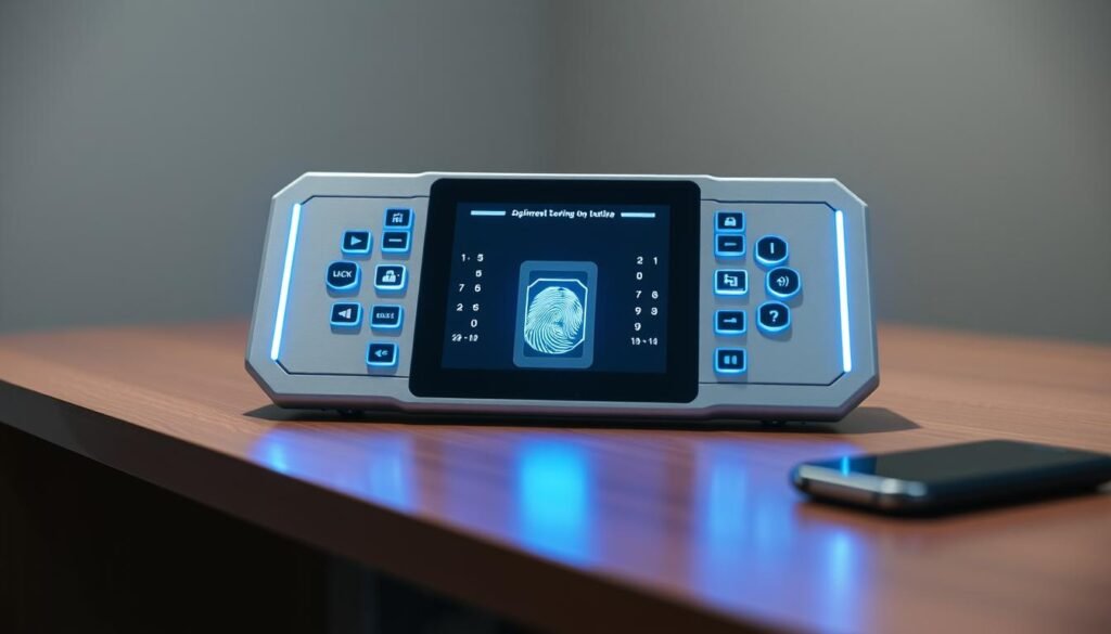 A high-tech authentication device sits prominently on a sleek, modern desk. Crisp LED indicators and touch-sensitive controls are backlit by a cool, blue glow, creating a professional, secure atmosphere. The device's clean, minimalist design evokes a sense of cutting-edge technology. A recessed fingerprint scanner is situated at the center, hinting at the robust security features within. The device is captured from a slightly elevated angle, emphasizing its importance and functionality. Soft, directional lighting casts subtle shadows, adding depth and dimension to the scene. The background is a blurred, neutral palette, keeping the focus solely on the authentication device and its purpose.