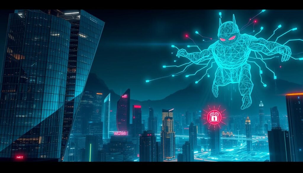A high-tech cityscape at night, with a towering cybersecurity command center in the foreground, its angular glass facade reflecting the neon-tinged cityscape. In the middle ground, a complex web of digital infrastructure, with data streams and security protocols visualized as glowing lines and geometric shapes. In the background, a looming digital threat, represented by ominous shapes and glowing red anomalies, casting an ominous glow over the scene. The lighting is dramatic, with a mix of cool and warm tones, creating a sense of tension and urgency. The overall atmosphere is one of vigilance, innovation, and the critical importance of robust cybersecurity measures in the modern digital landscape. A high-tech cityscape at night, with a towering cybersecurity command center in the foreground, its angular glass facade reflecting the neon-tinged cityscape. In the middle ground, a complex web of digital infrastructure, with data streams and security protocols visualized as glowing lines and geometric shapes. In the background, a looming digital threat, represented by ominous shapes and glowing red anomalies, casting an ominous glow over the scene. The lighting is dramatic, with a mix of cool and warm tones, creating a sense of tension and urgency. The overall atmosphere is one of vigilance, innovation, and the critical importance of robust cybersecurity measures in the modern digital landscape.