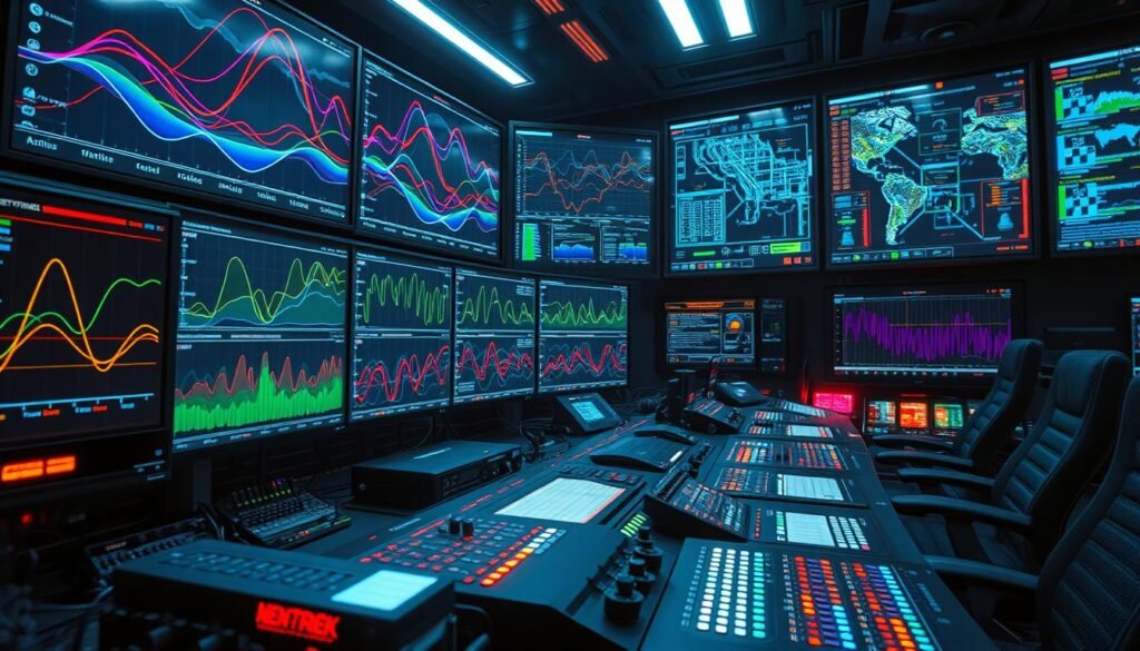 A high-tech control center with a sprawling dashboard displaying real-time visualizations of network traffic flows. Colorful curves and waveforms pulsate across multiple screens, reflecting the complex ebb and flow of digital data. Sleek hardware and precision instrumentation fill the foreground, bathed in the cool glow of LED lighting. In the background, a wall of monitors showcases intricate network topology maps, layer-by-layer insights, and predictive analytics. The scene exudes a sense of power, control, and deep technical expertise dedicated to monitoring and optimizing the inner workings of a dynamic, high-performance network.