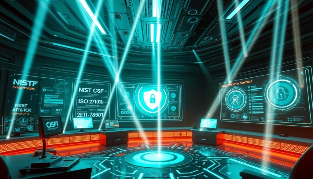 A high-tech control room with sleek, futuristic interfaces and holographic displays showcasing the core cybersecurity frameworks - NIST CSF, ISO 27001, MITRE ATT&CK, and CIS Critical Security Controls. The room is bathed in a cool, blue-green hue, creating an atmosphere of precision and data-driven security. Beams of light criss-cross the space, illuminating the intricate web of interconnected systems that form the backbone of a robust cybersecurity strategy. The overall impression is one of sophisticated, cutting-edge protection, tailored to the needs of a modern, digitally-driven world. A high-tech control room with sleek, futuristic interfaces and holographic displays showcasing the core cybersecurity frameworks - NIST CSF, ISO 27001, MITRE ATT&CK, and CIS Critical Security Controls. The room is bathed in a cool, blue-green hue, creating an atmosphere of precision and data-driven security. Beams of light criss-cross the space, illuminating the intricate web of interconnected systems that form the backbone of a robust cybersecurity strategy. The overall impression is one of sophisticated, cutting-edge protection, tailored to the needs of a modern, digitally-driven world.
