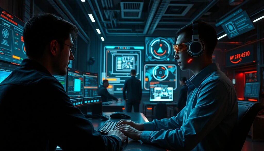 A high-tech cybersecurity control room, with a team of analysts collaborating with advanced AI systems. In the foreground, a human operator monitors a wall of screens displaying real-time threat data, their hands skillfully navigating a sleek, intuitive interface. In the middle ground, an AI assistant project holographic visualizations, using machine learning to rapidly detect and analyze potential cyber threats. The background is a dimly lit, futuristic workspace filled with cutting-edge technology, creating an atmosphere of intense focus and innovation. Dramatic lighting casts dramatic shadows, highlighting the seamless human-machine partnership at the heart of effective cybersecurity.