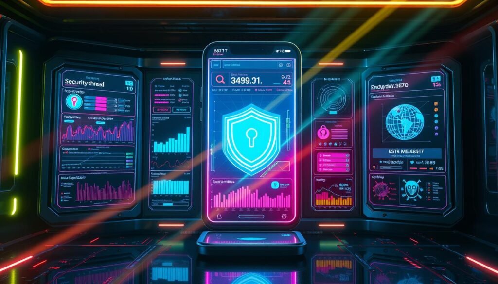 A high-tech digital security interface displaying real-time data on phone security threats. Vibrant neon-lit panels show charts, graphs, and data visualizations of network activity, encryption levels, and potential malware. Sleek metallic panels and holographic overlays create a futuristic, cutting-edge aesthetic. Beams of light radiate from the central display, casting dramatic shadows and highlighting the gravity of the security situation. A sense of urgency and the need for vigilance pervades the scene, underscoring the importance of securing one's mobile device in the current climate.