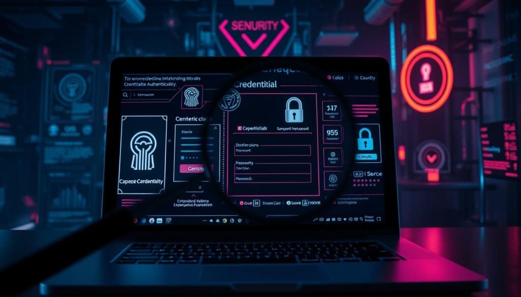 A high-tech digital security scene, featuring a laptop screen displaying various credential verification processes. In the foreground, a magnifying glass hovers over the screen, highlighting sensitive data. The middle ground showcases a series of secure authentication methods, including biometric scans, password fields, and two-factor authentication prompts. The background is shrouded in a moody, cyberpunk-inspired atmosphere, with subtle neon accents and an array of digital interfaces. Crisp, high-contrast lighting illuminates the scene, creating a sense of urgency and importance surrounding the task of detecting exposed credentials. A high-tech digital security scene, featuring a laptop screen displaying various credential verification processes. In the foreground, a magnifying glass hovers over the screen, highlighting sensitive data. The middle ground showcases a series of secure authentication methods, including biometric scans, password fields, and two-factor authentication prompts. The background is shrouded in a moody, cyberpunk-inspired atmosphere, with subtle neon accents and an array of digital interfaces. Crisp, high-contrast lighting illuminates the scene, creating a sense of urgency and importance surrounding the task of detecting exposed credentials.