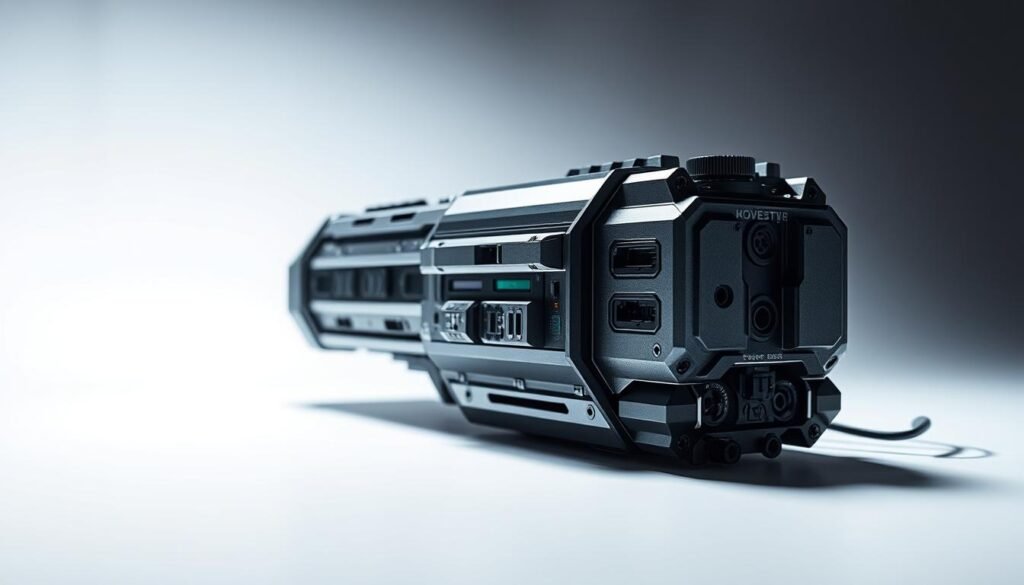 A high-tech, industrial-looking tool with a sleek, metallic design. The tool is shown in the foreground, with a clean, well-lit studio backdrop. The lighting creates dramatic shadows, highlighting the tool's intricate components and sharp edges. The tool appears to be a scanning device, with various ports, buttons, and sensors. The overall mood is one of precision, power, and technological sophistication, reflecting the "AI-driven scan" subject of the article section.