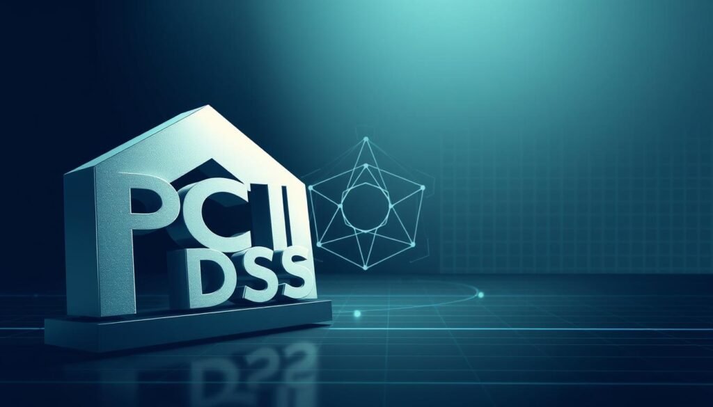 A high-tech, minimalist illustration of the PCI DSS security standard, showcasing its core principles. In the foreground, a sleek, architectural representation of the PCI DSS logo, rendered in a clean, metallic finish, casting subtle shadows. In the middle ground, a series of geometric shapes and lines, symbolizing the intricate compliance framework, illuminated by soft, indirect lighting. In the background, a subtle grid pattern, representing the digital landscape in which PCI DSS operates, rendered in a cool, monochromatic color palette. The overall composition conveys a sense of professionalism, security, and technological sophistication, befitting the importance of PCI DSS in the e-commerce landscape.