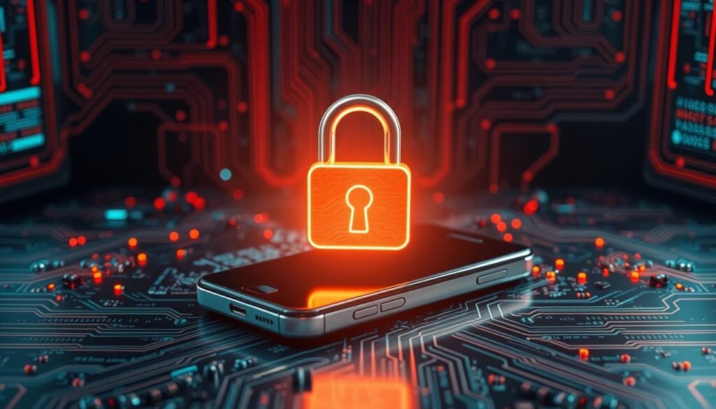 A high-tech mobile device, its sleek exterior glistening under bold studio lighting, sits amidst a backdrop of intricate circuit boards and data streams. In the foreground, a padlock icon hovers, signifying the importance of robust security measures for this critical business tool. The overall atmosphere conveys a sense of digital vigilance, underscoring the need to safeguard company phones in an era of increasing cyberthreats.