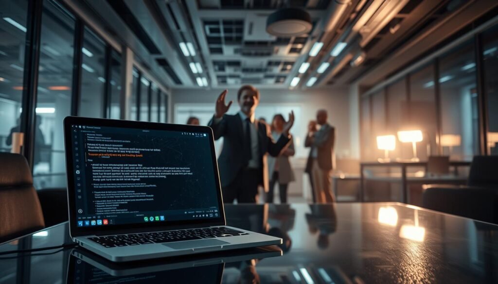 A high-tech office interior, with sleek glass and steel furniture, casting long shadows under dramatic overhead lighting. In the foreground, a laptop screen displays a security alert, indicating a data breach. In the middle ground, a concerned executive gestures animatedly, surrounded by team members reacting with expressions of worry and urgency. The background blurs into a hazy, ominous atmosphere, conveying the gravity and business impact of the security incident. The overall scene evokes a sense of tension, risk, and the need for swift, decisive action.