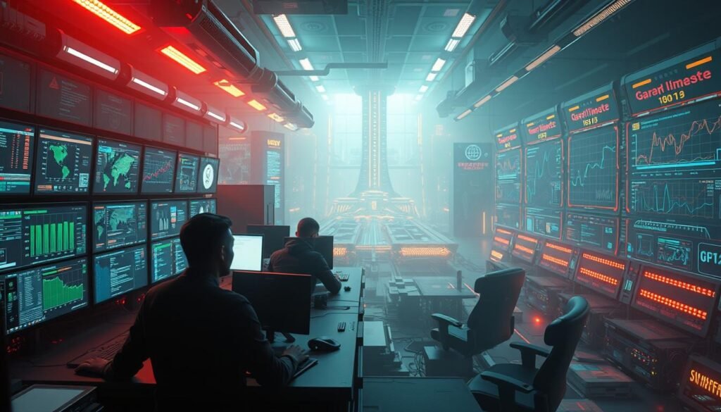 A high-tech operations command center, flooded with a warm, ambient glow. In the foreground, a bank of state-of-the-art security monitors displaying real-time threat intelligence. Beside them, a team of analysts meticulously scrutinizing data, their expressions intense yet focused. The middle ground reveals a sprawling network of interconnected systems, each pulsing with activity. In the background, a towering data visualization dashboard showcases trends and insights, painting a comprehensive picture of the organization's security posture. The entire scene conveys a sense of control, efficiency, and the seamless integration of security and operational capabilities.
