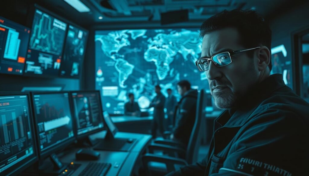 A high-tech security command center, with holographic displays and futuristic control panels. Tense atmosphere, subdued lighting, and a sense of vigilance. In the foreground, a stern-faced security analyst monitors multiple screens, their face illuminated by the cool glow of the displays. In the middle ground, a team of specialists collaborates, their expressions focused and determined. In the background, a vast, three-dimensional map of the digital landscape, pulsing with activity and potential threats. The scene conveys the gravity and complexity of modern cyber warfare, where vigilance, technology, and psychological acuity are essential for safeguarding critical systems and infrastructure. A high-tech security command center, with holographic displays and futuristic control panels. Tense atmosphere, subdued lighting, and a sense of vigilance. In the foreground, a stern-faced security analyst monitors multiple screens, their face illuminated by the cool glow of the displays. In the middle ground, a team of specialists collaborates, their expressions focused and determined. In the background, a vast, three-dimensional map of the digital landscape, pulsing with activity and potential threats. The scene conveys the gravity and complexity of modern cyber warfare, where vigilance, technology, and psychological acuity are essential for safeguarding critical systems and infrastructure.