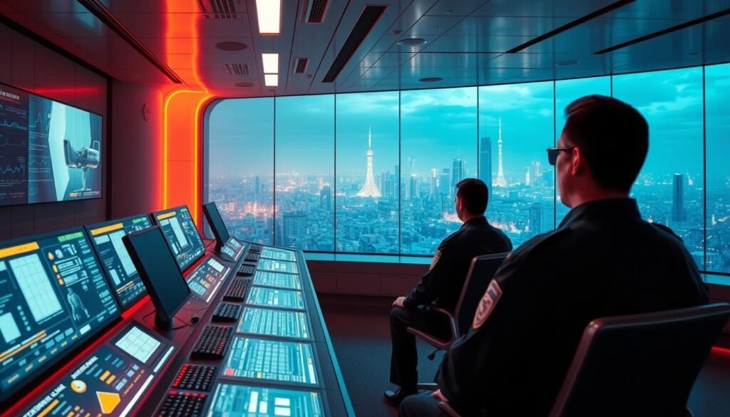 A high-tech security control room with a futuristic, minimalist design. The foreground features a bank of holographic displays and control panels, illuminated by a soft, ambient glow. The middle ground shows uniformed security personnel monitoring the screens, their faces half-obscured by the ethereal light. In the background, a vast, panoramic window overlooks a sprawling cityscape, the skyline dotted with skyscrapers and communication towers. The overall scene conveys a sense of authority, precision, and the cutting edge of cybersecurity technology, perfectly suited to the section title "Why these roles lead pay in cybersecurity today".
