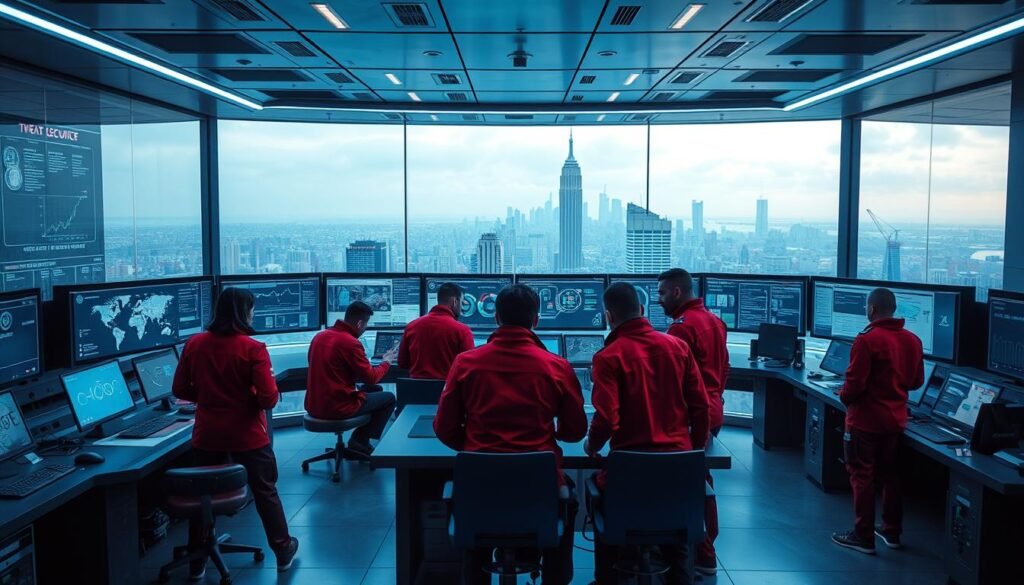 A high-tech security control room, with multiple screens displaying real-time data and analytics. In the foreground, two teams - one in red uniforms, the other in blue - closely collaborate, analyzing threat patterns and strategizing defensive maneuvers. The room is bathed in a cool, digital glow, with sleek, minimalist furniture and state-of-the-art equipment. Overhead, a large, panoramic window offers a view of a bustling city skyline, emphasizing the scale and importance of the organization's security operations. The atmosphere is tense yet focused, as the red and blue teams work in tandem to safeguard the organization from cyber threats. A high-tech security control room, with multiple screens displaying real-time data and analytics. In the foreground, two teams - one in red uniforms, the other in blue - closely collaborate, analyzing threat patterns and strategizing defensive maneuvers. The room is bathed in a cool, digital glow, with sleek, minimalist furniture and state-of-the-art equipment. Overhead, a large, panoramic window offers a view of a bustling city skyline, emphasizing the scale and importance of the organization's security operations. The atmosphere is tense yet focused, as the red and blue teams work in tandem to safeguard the organization from cyber threats.
