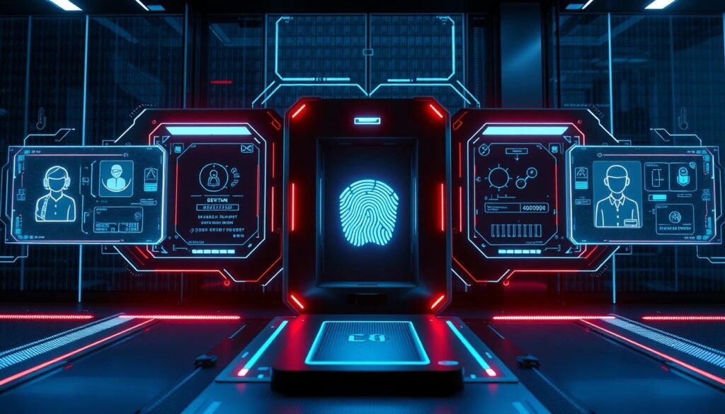 A high-tech security interface, with a central biometric scanner surrounded by holographic displays showcasing various authentication methods. The scene is bathed in cool, blue-tinged lighting, suggesting the precision and reliability of a digital security system. Sleek, angular design elements evoke a sense of technological sophistication. In the background, a subtle grid pattern suggests the interconnected nature of identity management. The overall mood is one of cutting-edge security, data protection, and the seamless integration of physical and digital access control.
