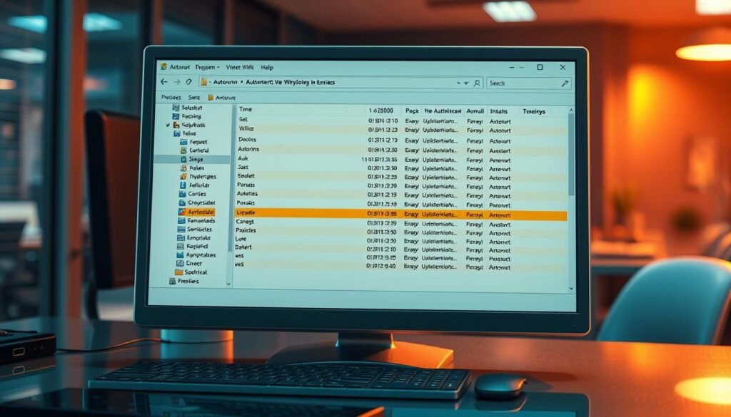 A highly detailed and photorealistic digital illustration of the Sysinternals Autoruns software interface, showcasing a clean, well-organized window displaying various autostart entries on a computer system. The scene is lit by a warm, directional light, casting subtle shadows and highlights that accentuate the UI elements. The window is positioned on a sleek, reflective desk surface, with a blurred, professional office environment visible in the background. The overall mood is one of technical precision and attention to detail, perfectly suited to illustrate the "Using Sysinternals Autoruns to surface hidden startup entries" section of the article.