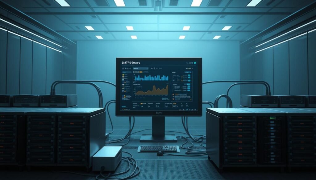 A highly detailed and technical diagram of an SMTP server configuration, captured with a crisp, photorealistic lens. In the foreground, a sophisticated network architecture with neatly organized servers, routers, and switches. The middle ground features a sleek, minimalist control panel displaying real-time metrics and settings. In the background, a subtle gradient of blues and grays, conveying a sense of professionalism and authority. Precise lighting accentuates the clean lines and precise details, creating a visually striking and informative illustration of a well-configured SMTP infrastructure. A highly detailed and technical diagram of an SMTP server configuration, captured with a crisp, photorealistic lens. In the foreground, a sophisticated network architecture with neatly organized servers, routers, and switches. The middle ground features a sleek, minimalist control panel displaying real-time metrics and settings. In the background, a subtle gradient of blues and grays, conveying a sense of professionalism and authority. Precise lighting accentuates the clean lines and precise details, creating a visually striking and informative illustration of a well-configured SMTP infrastructure.