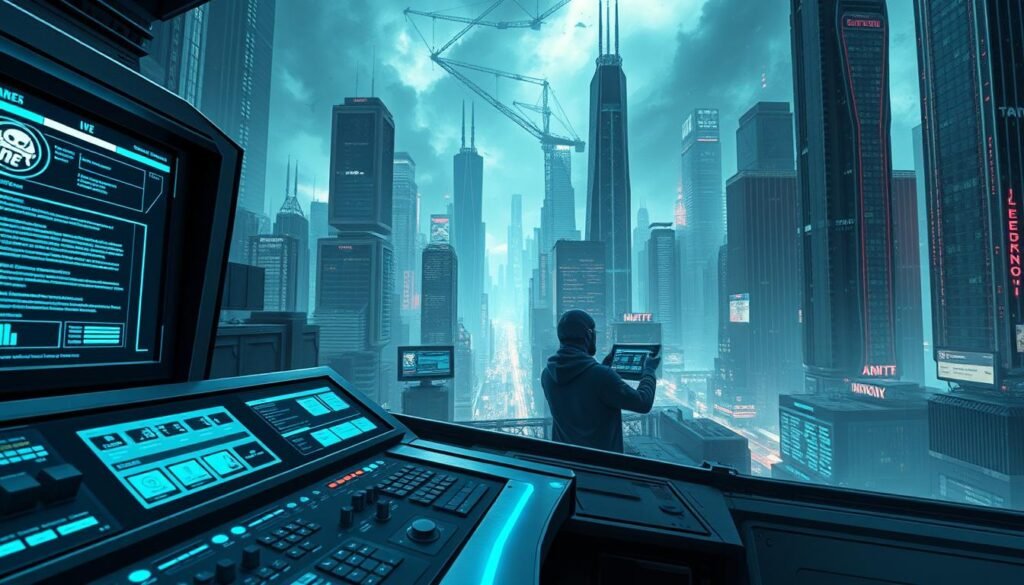 A highly detailed and technical illustration of new Metasploit modules being added, with a sleek and modern aesthetic. The foreground features a high-tech console displaying module information and controls, bathed in cool blue lighting. The middle ground showcases various module icons and visuals, hinting at their functionality and capabilities. The background depicts a dynamic, futuristic cityscape with towering skyscrapers, holographic displays, and a moody, cyberpunk atmosphere, suggesting the advanced nature of the Metasploit framework. Precise lighting, detailed textures, and a clean, minimalist design convey a sense of professionalism and innovation. A highly detailed and technical illustration of new Metasploit modules being added, with a sleek and modern aesthetic. The foreground features a high-tech console displaying module information and controls, bathed in cool blue lighting. The middle ground showcases various module icons and visuals, hinting at their functionality and capabilities. The background depicts a dynamic, futuristic cityscape with towering skyscrapers, holographic displays, and a moody, cyberpunk atmosphere, suggesting the advanced nature of the Metasploit framework. Precise lighting, detailed textures, and a clean, minimalist design convey a sense of professionalism and innovation.