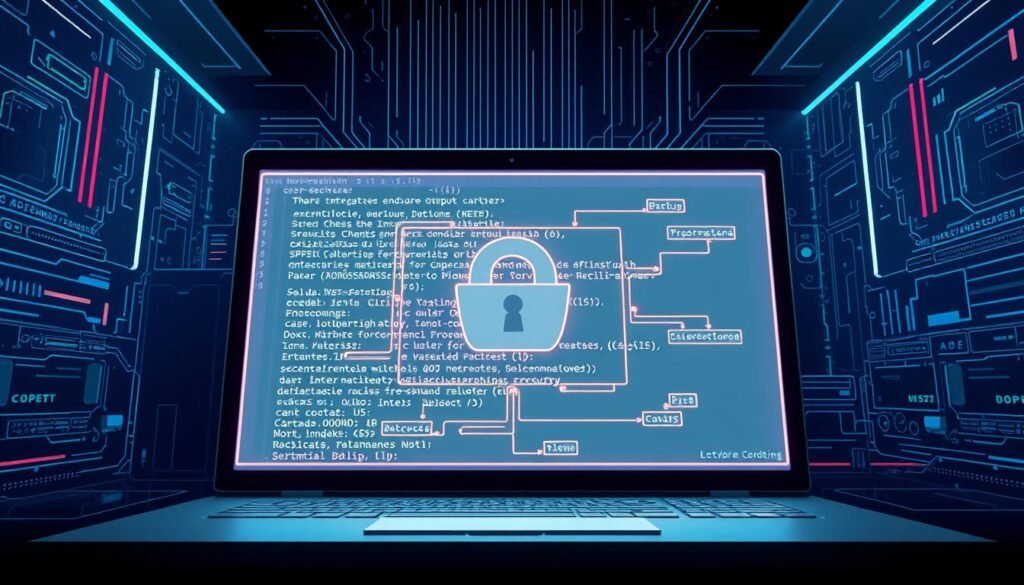 A highly detailed and technical illustration of the concept of "encoding" in the context of web security. The image should depict a sleek, modern software engineering interface, with a central focus on a series of interlocking data structures and algorithms visualizing the encoding process. The foreground should feature a clean, minimal layout with clearly labeled components, while the background subtly conveys a sense of cybersecurity and digital protection through subtle geometric patterns, binary code, and a cool color palette. The lighting should be crisp and directional, emphasizing the precision and complexity of the encoding mechanisms. The overall mood should be one of clarity, efficiency, and technological sophistication, effectively communicating the importance of output encoding in safeguarding against cross-site scripting attacks. A highly detailed and technical illustration of the concept of "encoding" in the context of web security. The image should depict a sleek, modern software engineering interface, with a central focus on a series of interlocking data structures and algorithms visualizing the encoding process. The foreground should feature a clean, minimal layout with clearly labeled components, while the background subtly conveys a sense of cybersecurity and digital protection through subtle geometric patterns, binary code, and a cool color palette. The lighting should be crisp and directional, emphasizing the precision and complexity of the encoding mechanisms. The overall mood should be one of clarity, efficiency, and technological sophistication, effectively communicating the importance of output encoding in safeguarding against cross-site scripting attacks.