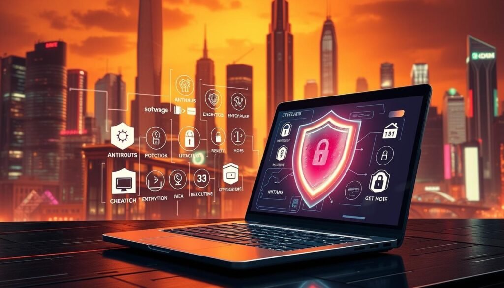 A highly detailed, cinematic illustration of a virtual protection toolkit against keyloggers. In the foreground, a sleek, modern laptop with a dynamic holographic interface, guarded by a protective digital shield. In the middle ground, various security icons and tools, including antivirus software, encryption protocols, and firewall configurations. The background depicts a stylized, futuristic cityscape, with towering skyscrapers and a vibrant, neon-tinged atmosphere, symbolizing the technological landscape in which these protective measures operate. Warm lighting casts a reassuring glow, conveying a sense of security and empowerment against the threat of keyloggers.