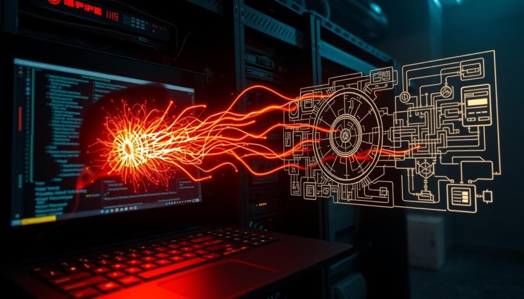 A highly detailed, cinematic illustration of the Log4j vulnerability in action. A close-up view of a server rack, illuminated by dramatic, low-angle lighting that casts long shadows. In the foreground, a glowing, animated exploit payload emerges from a laptop screen, resembling tendrils of energy spreading across the server's components. The middle ground features intricate, technical diagrams and schematics overlaying the server hardware, visually explaining the vulnerability's inner workings. The background is shrouded in an ominous, hazy atmosphere, emphasizing the gravity of the situation. The overall mood is one of techno-thriller suspense, capturing the essence of how the Log4j vulnerability can silently infiltrate and compromise systems. A highly detailed, cinematic illustration of the Log4j vulnerability in action. A close-up view of a server rack, illuminated by dramatic, low-angle lighting that casts long shadows. In the foreground, a glowing, animated exploit payload emerges from a laptop screen, resembling tendrils of energy spreading across the server's components. The middle ground features intricate, technical diagrams and schematics overlaying the server hardware, visually explaining the vulnerability's inner workings. The background is shrouded in an ominous, hazy atmosphere, emphasizing the gravity of the situation. The overall mood is one of techno-thriller suspense, capturing the essence of how the Log4j vulnerability can silently infiltrate and compromise systems.