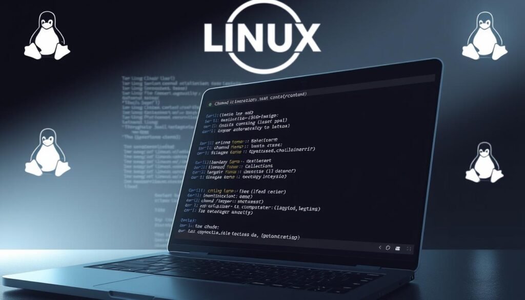 A highly detailed digital illustration showcasing the Linux chmod command examples, presented in a sleek and minimalist style. The foreground features a laptop screen displaying various chmod command lines with clear explanations, conveying a sense of technical proficiency. The middle ground depicts a sophisticated command line interface, with a dark-themed terminal backdrop providing a sophisticated and professional atmosphere. The background subtly incorporates Linux logos and icons, reinforcing the subject matter while maintaining a clean and uncluttered composition. The lighting is soft and directional, creating depth and highlighting the key elements. The overall tone is one of authority, expertise, and attention to detail, perfectly suited for the "How to Set File Permissions Securely in Linux" section of the article.