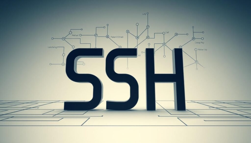 A highly detailed, macro-level illustration of the "SSH" acronym, rendered in a clean, minimalist style with a focus on technical precision and security. The foreground features a stark, monochromatic rendering of the SSH letters, with crisp, geometric lines and subtle highlights that convey a sense of digital elegance. The middle ground showcases a network diagram, with nodes, cables, and protocols visualized in a schematic fashion, hinting at the secure communication and remote access capabilities of SSH. The background is a neutral, slightly muted tone, with subtle texture and gradient elements that establish a sense of depth and professionalism. The overall aesthetic is one of pragmatic functionality, emphasizing the role of SSH in safeguarding critical network infrastructure and systems.