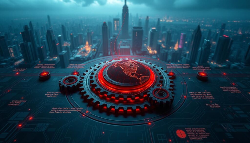 A highly detailed, meticulously rendered timeline map depicting the stages of a zero-day exploit's propagation. The foreground showcases a concentric set of interlocking gears, each representing a critical phase of the attack, from initial vulnerability discovery to widespread exploitation. The middle ground features a global 3D terrain with pulsing data streams tracing the exploit's dispersal across borders and networks. In the background, a vast cityscape of towering skyscrapers and infrastructure forms an ominous backdrop, illustrating the scale and impact of the zero-day threat. Vibrant neon highlights and a moody, futuristic color palette evoke a sense of technological dread and the high-stakes urgency of the situation. Realistic lighting and depth of field lend a photorealistic quality to the scene.