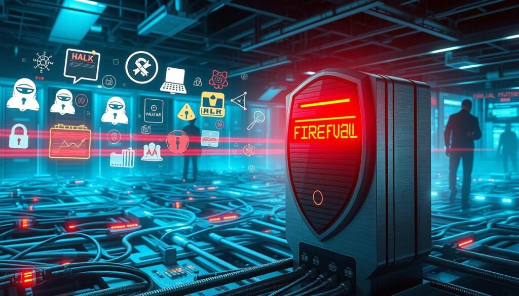 A highly detailed, photorealistic digital illustration depicting a robust firewall blocking various digital threats. In the foreground, a sleek, metallic firewall device stands resolute, its LED indicators flashing as it processes an onslaught of stylized hacker symbols, malware icons, and other cyber threats attempting to breach its defenses. The middle ground features a complex, three-dimensional network of cables, servers, and data nodes, all bathed in a cool, blue-tinted lighting. In the background, a dimly lit, industrial-style environment sets the scene, with shadowy silhouettes of hackers and nefarious figures lurking in the distance, their malicious intentions thwarted by the firewall's unyielding protection. The overall mood is one of high-tech security, technological prowess, and the constant battle against digital adversaries.