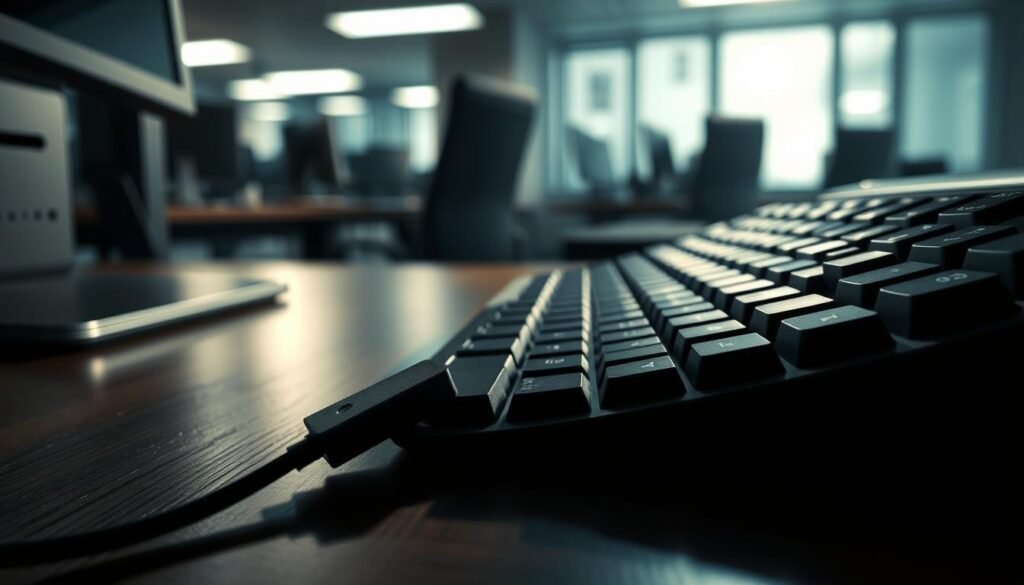 A highly detailed, photorealistic illustration of a computer keyboard with a hidden keylogger device plugged into the USB port, casting an ominous shadow on the desk surface. The keylogger is sleek and compact, blending seamlessly with the keyboard design. The scene is lit by a dramatic chiaroscuro lighting, creating a sense of unease and suspense. The background is a blurred office environment, emphasizing the keylogger as the focal point. The overall mood is dark, unsettling, and conveys the risks of identity theft, financial fraud, and business email compromise.