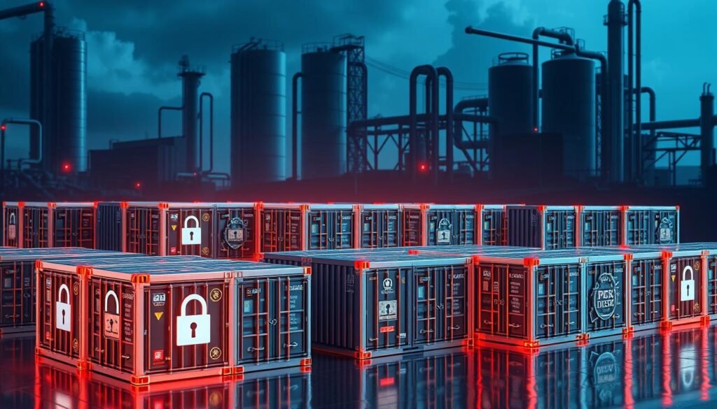 A highly detailed, photorealistic image of secure docker containers arranged in a striking 3D composition. The containers are gleaming, metallic, and feature prominent security-related icons and logos. The foreground has a cluster of containers with lock symbols, firewalls, and other cybersecurity elements. The middle ground showcases containers with intricate, futuristic panel designs. The background has a dramatic, industrial landscape with towering silos, pipes, and shadowy silhouettes, bathed in a moody, blue-tinted lighting. The overall scene conveys a sense of robust, state-of-the-art container security practices in a sophisticated, high-tech environment. A highly detailed, photorealistic image of secure docker containers arranged in a striking 3D composition. The containers are gleaming, metallic, and feature prominent security-related icons and logos. The foreground has a cluster of containers with lock symbols, firewalls, and other cybersecurity elements. The middle ground showcases containers with intricate, futuristic panel designs. The background has a dramatic, industrial landscape with towering silos, pipes, and shadowy silhouettes, bathed in a moody, blue-tinted lighting. The overall scene conveys a sense of robust, state-of-the-art container security practices in a sophisticated, high-tech environment.