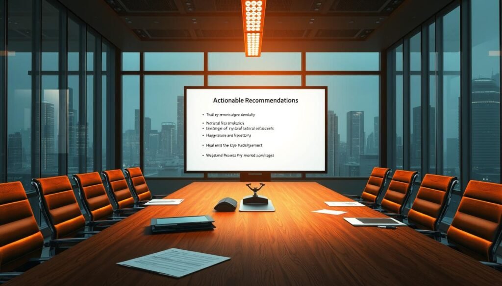 A highly detailed, realistic digital illustration of a business meeting room. In the foreground, a wooden conference table with chairs around it, conveying a sense of collaboration and discussion. On the table, various papers, tablets, and office supplies, suggesting an active work session. In the middle ground, a large whiteboard or digital screen displaying a clear, concise set of bullet points labeled "Actionable Recommendations". The screen is illuminated by warm, directional lighting, drawing the viewer's attention. The background features floor-to-ceiling windows overlooking a city skyline, creating a professional, corporate atmosphere. The overall mood is one of focus, productivity, and a sense of purpose in addressing the key findings.